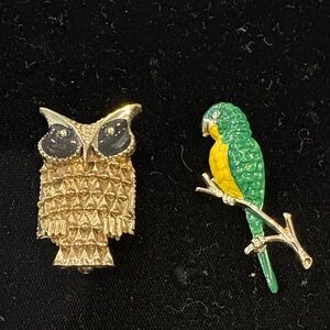 Gold Owl Pin and Green-Yellow Parrot Brooch Set